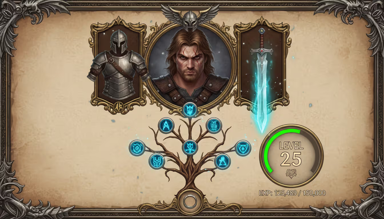 Fantasy RPG hero character screen with equipment slots skill tree and experience bar showing warrior hero portrait with armor and weapons