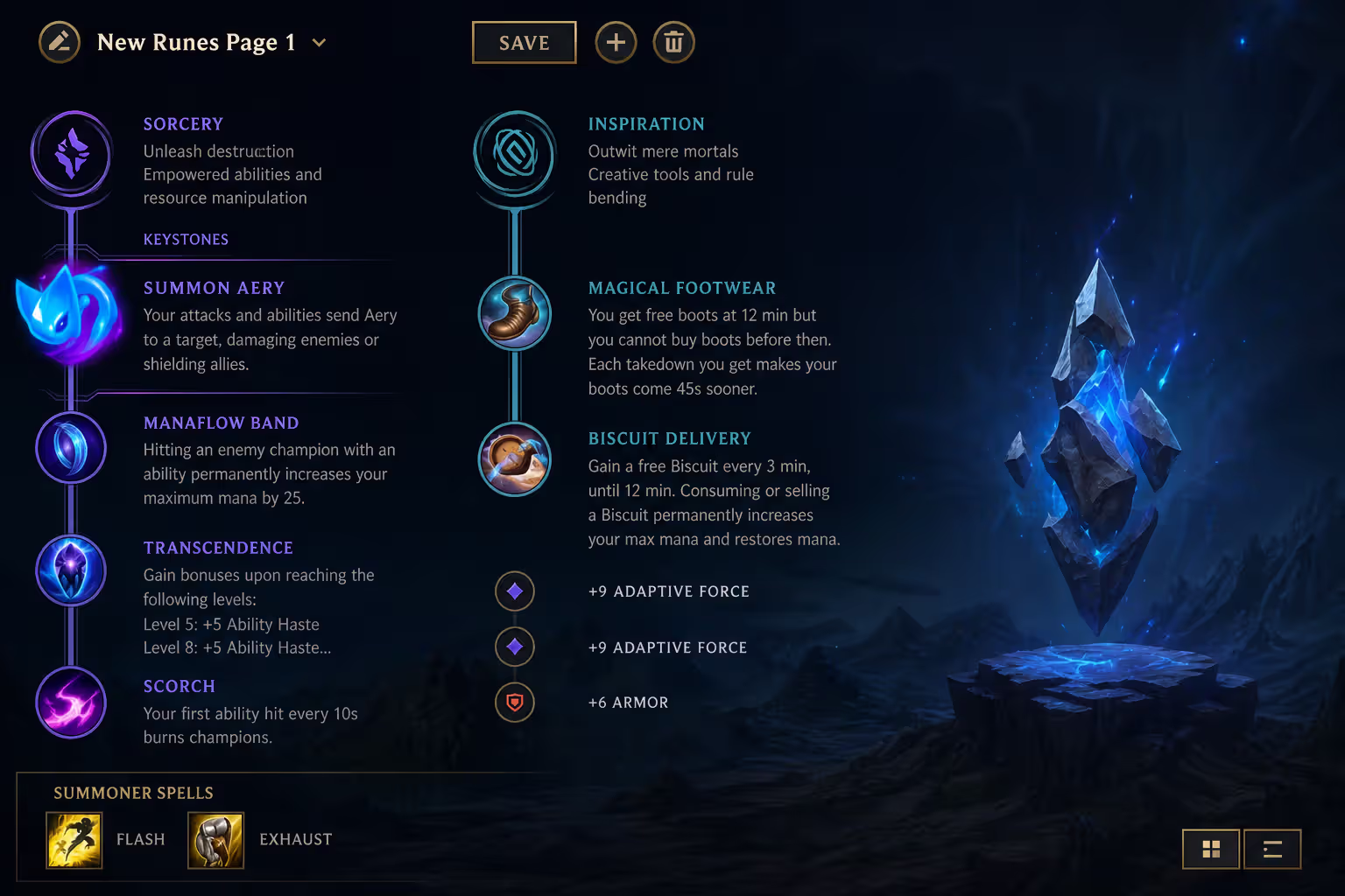 League of Legends rune page setup showing Summon Aery keystone with Sorcery and Inspiration trees plus Flash and Exhaust summoner spells