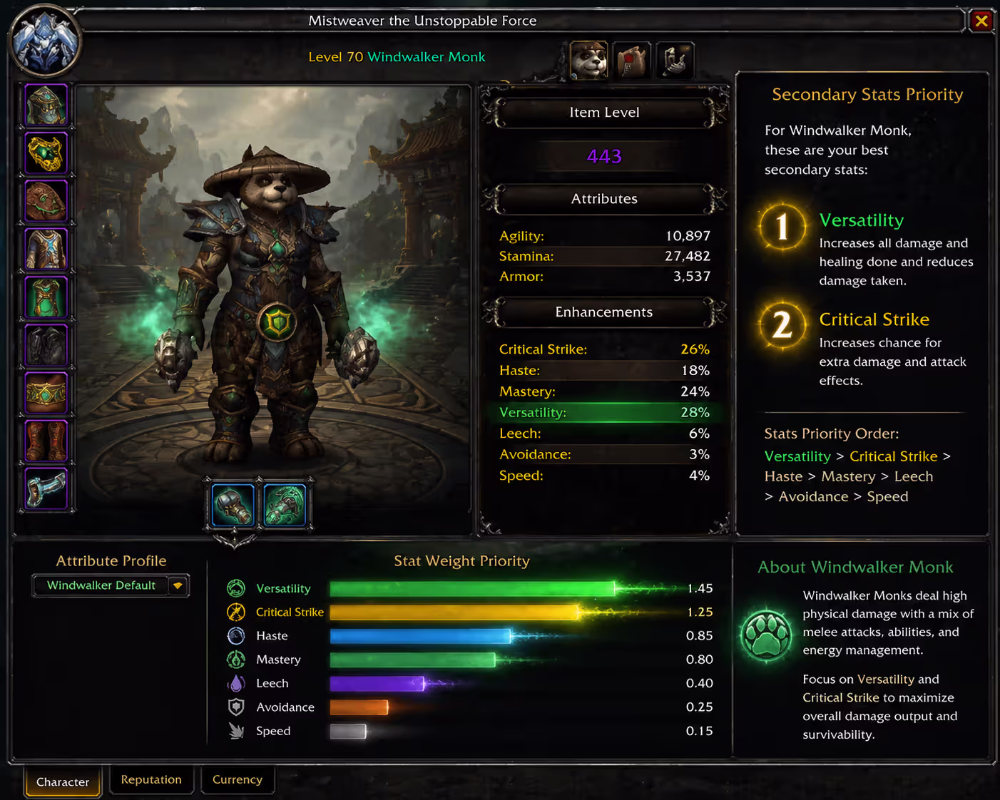 World of Warcraft character stats screen showing Versatility and Critical Strike highlighted as priority secondary stats for Windwalker Monk with glowing energy bar visualization
