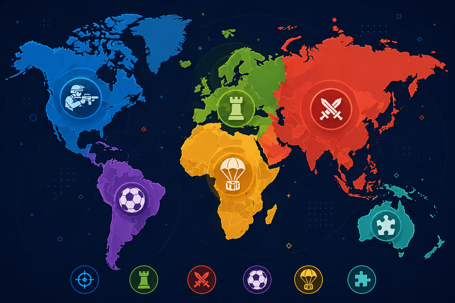 Stylized flat design world map highlighting different regions with abstract gaming icons showing regional differences in mobile game popularity